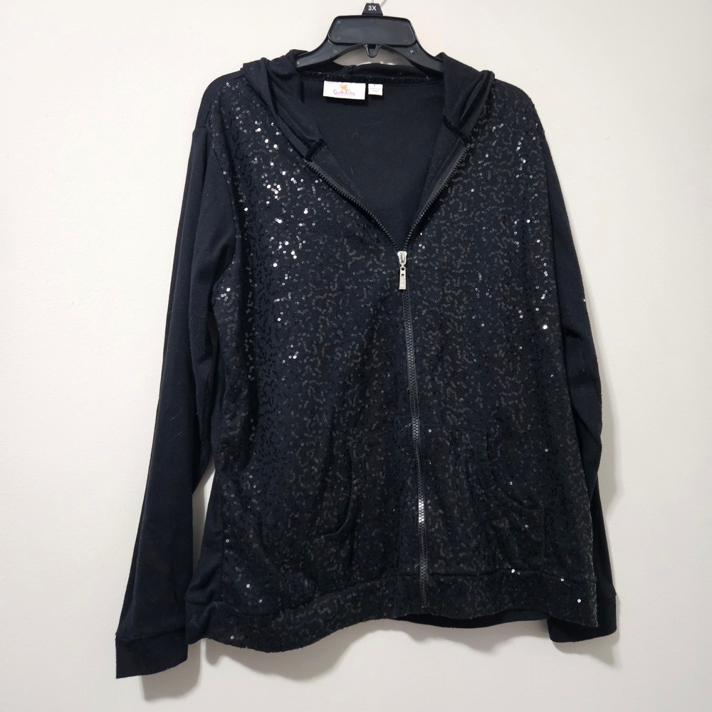 Quacker Factory Womens Black Sequin Zip Up Hoodie Sweatshirt Lge‎ Rhinestone Zip